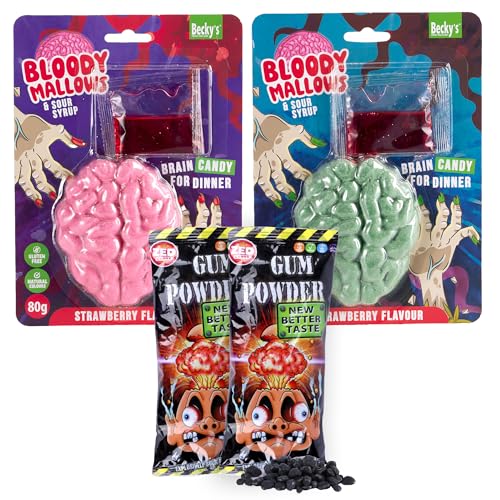 Bloody Brain & 2x ZED Gum Powder – 1x Marshmallow Gehirn in grün oder rot & 2 Packungen super saurer Kaugummi-Pulver Spaß – Halloween Süßigkeiten, Party, Kindergeburtstag & Mitgebsel