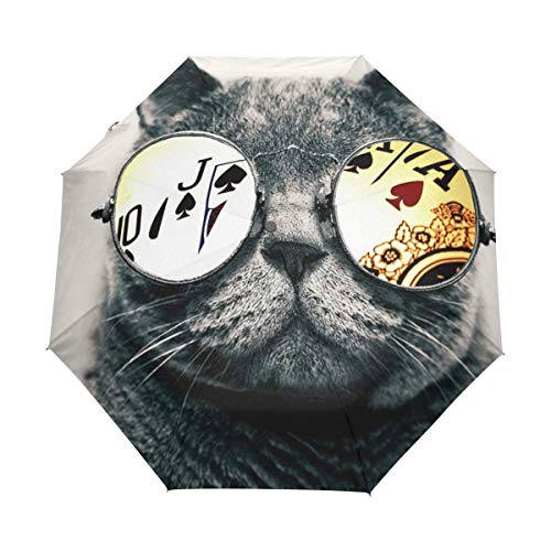 Poker Black Cat Kitty Regenschirm Taschenschirm Auf-Zu Automatik Schirme Winddicht Leicht Kompakt UV-Schutz Reise Schirm für Jungen Mädchen Strand Frauen