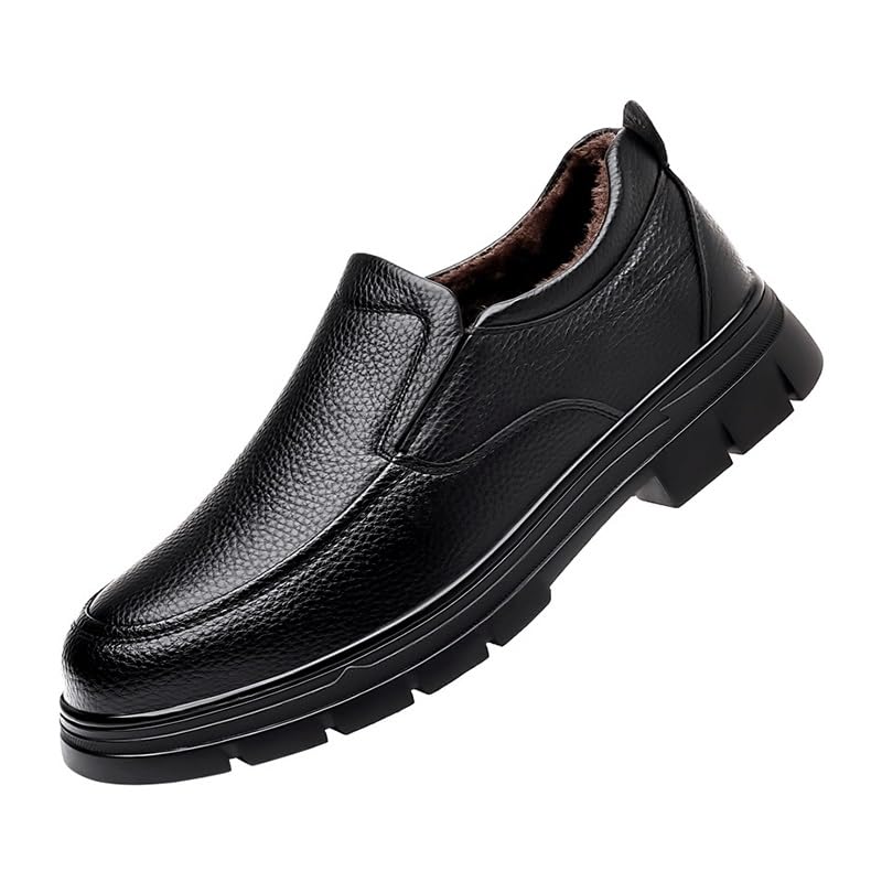 Business Casual Plush Warm Leather Shoes Men's Slip-on Lightweight Casual Walking Loafers Shoes Wild Round Head Shoes Cotton Shoes for Men