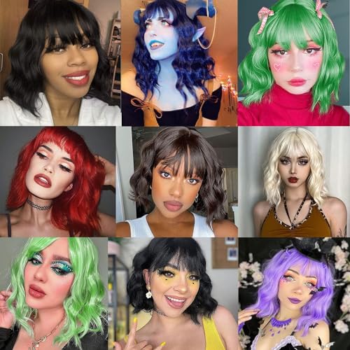 CoCrowns Short Wavy Wig with Air Bangs Shoulder Length Women's Short Bob Curly Wavy Black Synthetic Wig Soft Hair (Burgundy) - 6