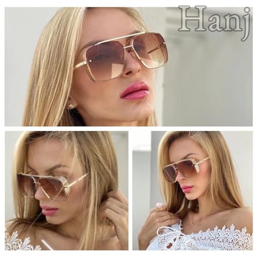 Hanj Vintage Retro 70s Sunglasses for Men Women, Fashion Steampunk Sun Glasses Gold Square Aviator Frame3