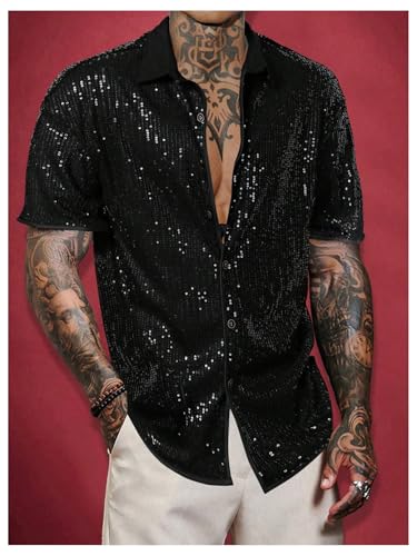 OYOANGLE Men's Sequin Shiny Button Down Shirt Short Sleeve Collared Shirts Party Holiday Tops3