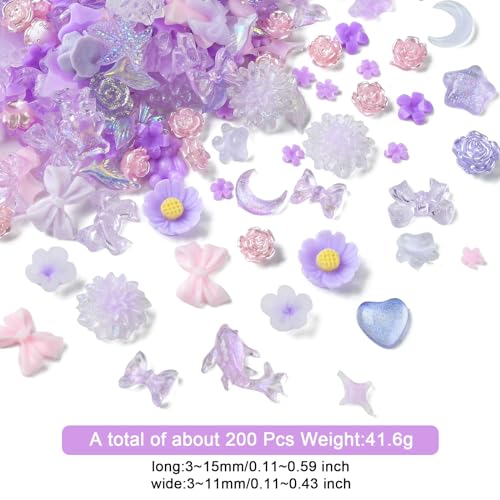 Stiesy 200Pcs Purple Series Slime Charms Mixed Shapes Lavender Resin Cabochons Flat Back Craft Charms for Nail Crafting Hair Clips Decor Accessories - Image 2