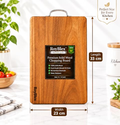 Image of Acacia Solid Wood Cutting Board for Kitchen with Stainless Steel Handle|Naturally Antibacterial Wooden Chopping Board | Cutting Board for Vegetables, Fruits, Meat, Fish, Paneer, (33x23 cm Pack of 1)