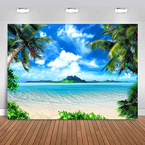 Summer Theme Photo Ocean Blue Sky Seaside Tropical Palm Trees Luau Birthday Party Decor Banner...