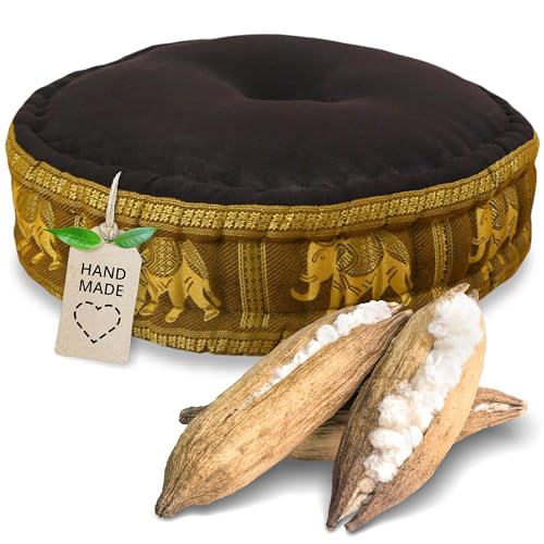 livasia meditation cushion with Thai silk - Ø 18x6″ - Yoga cushion kapok, Pouffe, Floor cushion yoga Zen meditation, Seat cushion garden balcony, Zafu (Brown/Gold/Elephants, Silk)