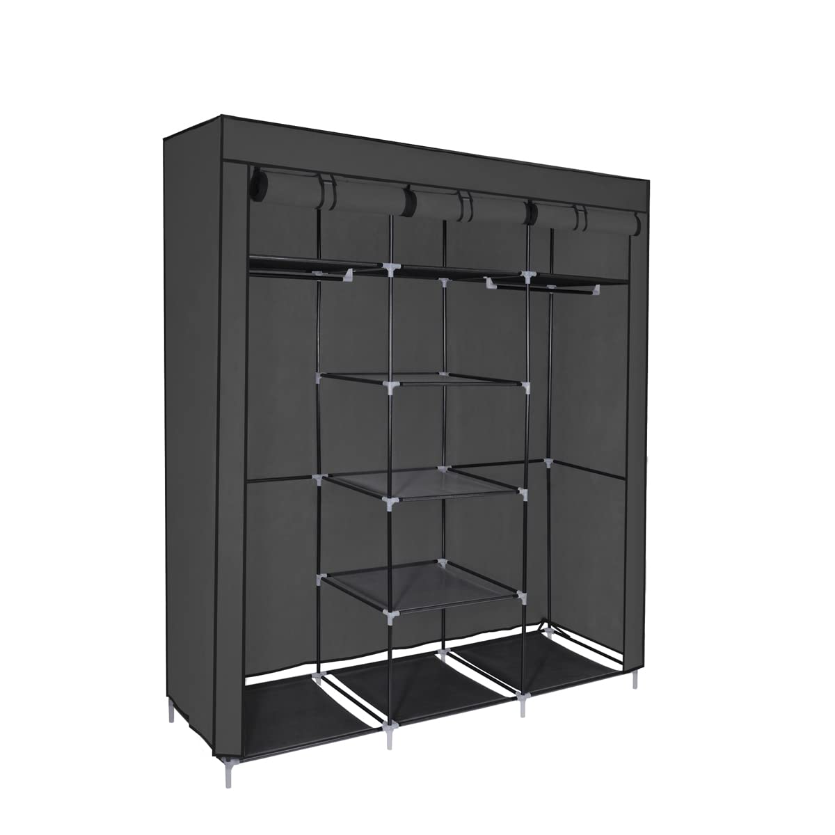 T-LOVENDO.ES Armario de Tela ropero estantería con Cremallera Plegable Modular portátil Grande 175 x 150 x 45 cm. Tubos de Acero para Perchas. Varios estantes Robusto y Estable. Negro