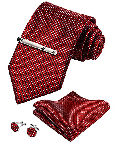 TIE G 4pcs Stripe Plaid Mens Ties Set in Premium Black Gift Box: Woven Necktie and Pocket Square, Cufflinks, Tie Clip for Formal Business Prom Wedding (B1-Red White Dots)
