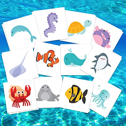 FashionTats Sea Creatures Temporary Tattoos | Pack of 24 Tattoos Dolphins Turtles Sharks Seahorses | Kids Party Supplies Decorations & Favors | Skin Safe | MADE IN THE USA