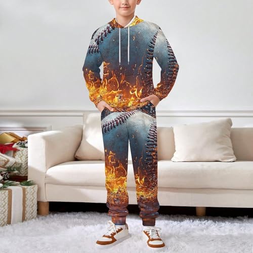 Boys Girls Sweatshirt Pullover Hoodie & Pants Kid Active Sweatsuit Tracksuit, Baseball Blue Flaming3