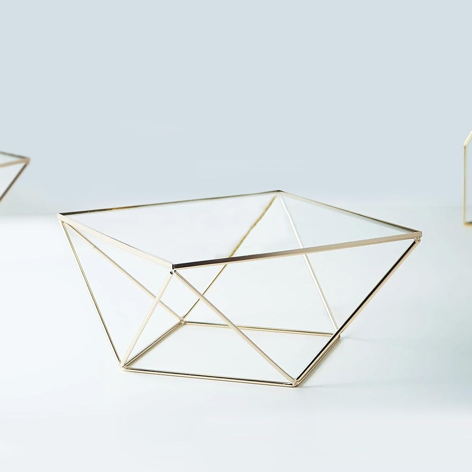 Efavormart 14" Gold Metal Geometric Cake Stand with Square Glass Top - Heavy Duty Pedestal Riser Display Centerpiece for Weddings and Birthday Parties
