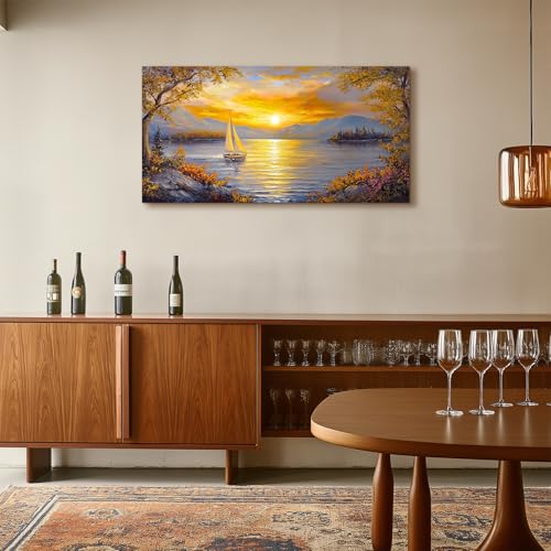 crmotu Sunset Wall Art, Lake Art Wall Decor, Sailboat Wall Art, Mountain Landscape Large Art Prints, Dusk Aesthetic Paintings Wall Decor Living Room Bedroom Kitchen Office Decorations 20x40inch