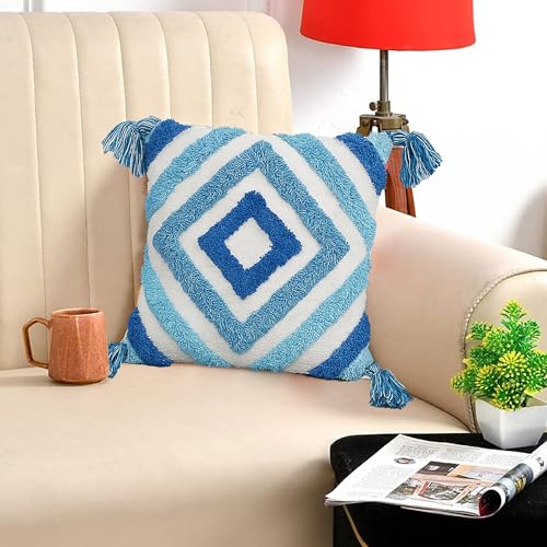 Image of Tarantaran Tufted Decorative Throw Pillow Cover, Blue and White Geometric Pattern with Tassels, 40.6 x 40.6 cm, Modern Square Pack of 2 (Blue Diamond)