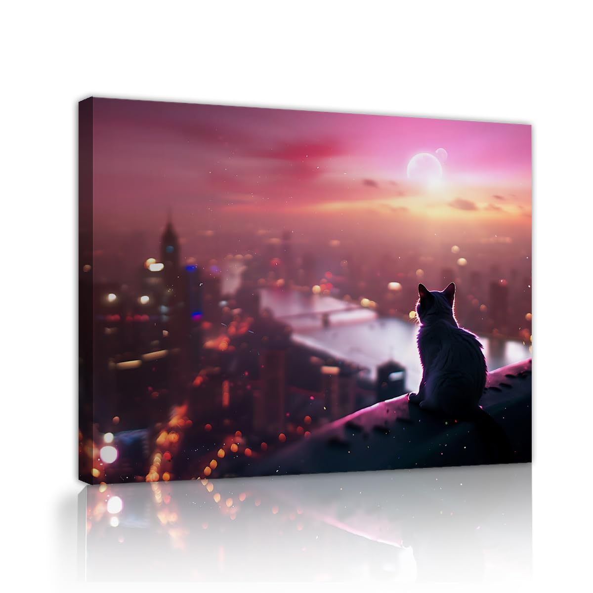 YUNART Cute Cat on Rooftop Canvas Wall Art Aesthetic Cat Canvas Art Print Cute Kitten Cityscape Poster Artwork Wall Decor for Apartment 70x90cm Innerframe