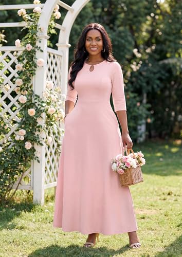 Image of FANDEE Women's Maxi Dress Casual Boho Plain Long Dresses 3 /4 Sleeve with Pockets