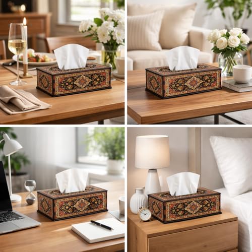 Image of Rust Black Oriental Persian Printed Tissue Box Holder Decorative Wooden Tissue Box Cover for Living Room & Desk 6.5x5x3 Inch