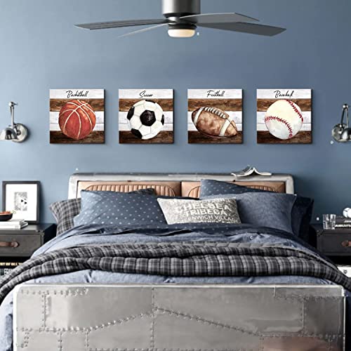 Boys Room Decor Sports Wall Art For Boy Bedroom Basketball Soccer Baseball Football Canvas Pictures Watercolor Sports Themed Posters Paintings Vintage Toddler Nursery Artwork Home Decorations 12X12" 4 Pcs #TOP1