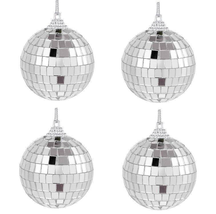 4 unidades de bolas espejadas de discoteca de 4 pulgadas, decoración colgante plateada para fiestas navideñas, años 70 y eventos temáticos miniatura 1