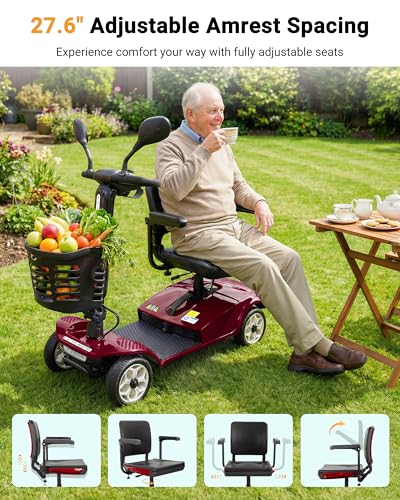 Image of 4 Wheel Mobility Scooter 400 LB Capacity, 550W Powerful Motor, Red | 360 Adjustable Seat | 27.6 inch Armrest Spacing | Equipped with Automatic Brake & Basket | Suit for Seniors, Adults, Handicap