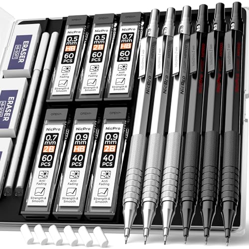 Image of Nicpro 0.5 & 0.7 & 0.9 mm Metal Mechanical Pencil Set with Case, 6PCS MP1000 Artist Lead Pencil with 12 Tubes HB & 2B Lead Refills, 3 Erasers For Architect Art Writing Drafting Sketching Drawing