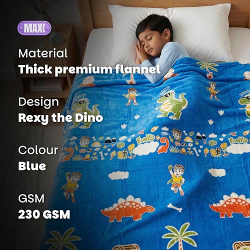 Image of Famyo GlowMaxx Glow Blanket for Kids - Rexy the Dino | Kids Blanket 0-15 Yrs | 200x152 cm Double Bed Blanket | Soft Flannel Blankets for Winter | Lab-Tested & Safe, (Blue)