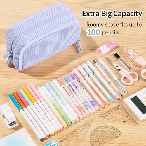Image of Sooez Big Capacity Pencil Case Pen Pouch, Soft Corduroy Pencil Bag with 3 Compartment, Multiple Pockets, Sturdy Zipper, Cute School Supplies Pen Bag Organizer For Teen Girls College, Blue