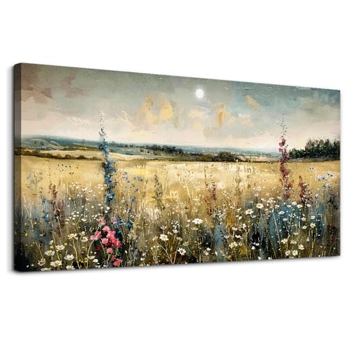 KELIYUAN Wall Art living Room Natural Field Landscape Painted Decor Vintage Meadow Wildflowers Modern Printed Artwork Bedroom Farmhouse Restaurant Office Home Decor Can Be Hung Directly 24x48 In