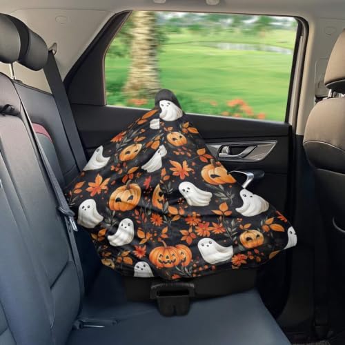 Image of Wanyint Baby Car Seat Cover Stretchy Carseat Canopy Baby Breastfeeding Stroller High Chair Shopping Cart Cover Infant Nursing Scarf Halloween Decoration, Pumpkin Ghost Fall Leaf