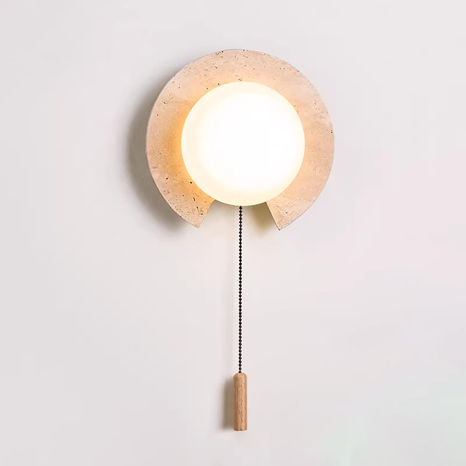 Lámpara de pared redonda de piedra natural, Wabi-Sabi | Aplique de pared de travertino amarillo con pantalla de cristal de leche, luz de pared de mármol moderna