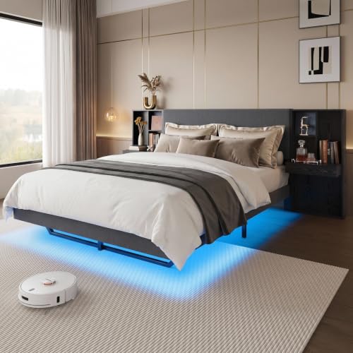 Image of LIKIMIO Floating Queen Bed Frame with Bookcase Headboard, Black /Dark Gray