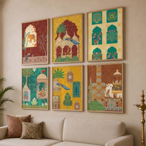 Image of KOTART Decorative Traditional Indian Wall Art Madhubani Paintings for Living Room | Framed Wall Painting for Home Room Bedroom Office Decor | Pichwai Art Painting for Decoration | Poster With frames | Paintings For Home Decoration | Indian Decor Frames | set of 6 (D)