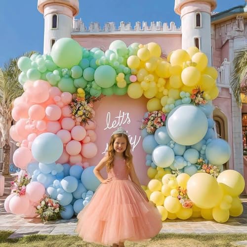 Image of Pastel Balloon Arch Double Stuffed Pink Yellow Blue Green Balloons Different Size for Colorful Spring Princess Unicorn Easter Happy Birthday Baby Shower Party Decorations
