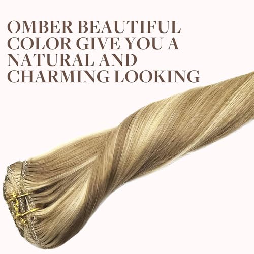 Image of GOO GOO Clip in Hair Extensions Real Human Hair, Remy Human Hair Extensions Clip ins for Women, Natural Human Hair, 14inch 120g 7Pcs, 16 /22 Light Blonde Highlighted Golden Blonde