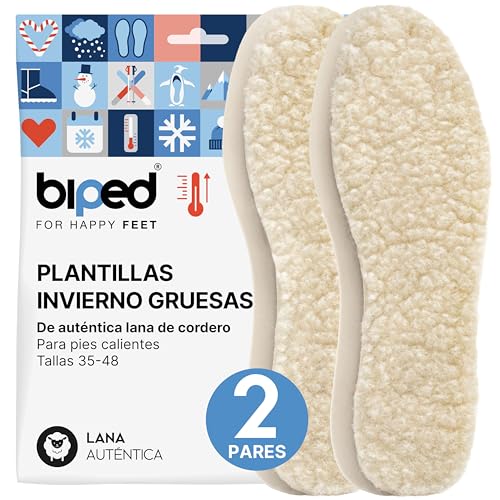 biped 2 pares de plantillas de lana de cordero - Plantillas extra gruesas de auténtica lana de cordero - Plantillas térmicas para hombre y mujer z1015(38)