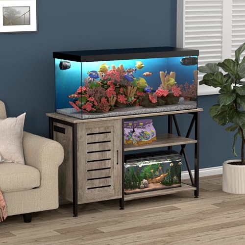 Image of Herture 55-75 Gallon Fish Tank Stand, Aquarium Stand with Power Outlets and Cabinet for Fish Tank Accessories Storage, Heavy Duty Metal Frame, 52 inch L*19.68 inch W Tabletop, 1200LBS Capacity, Grey PG05YGZ