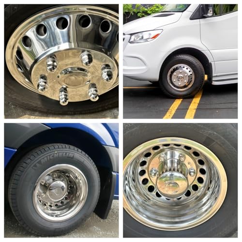 Image of 16 inch Wheel Simulator fit for 2007-2025 Dodge, Mercedes and Freightliner Sprinter Van, 4pcs Waterproof Protective Snap on Hubcaps 6 Lug 18 Hand Hole Polished Stainless Steel Dually Covers 6K06R