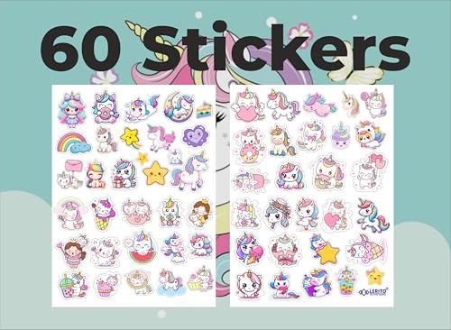 Image of LERITO Unicorn Theme Vinyl Stickers, Waterproof Self Adhesive Decals for Laptop, Journal, Guitar, Mobile Phone, Multicolour, Pack of 60