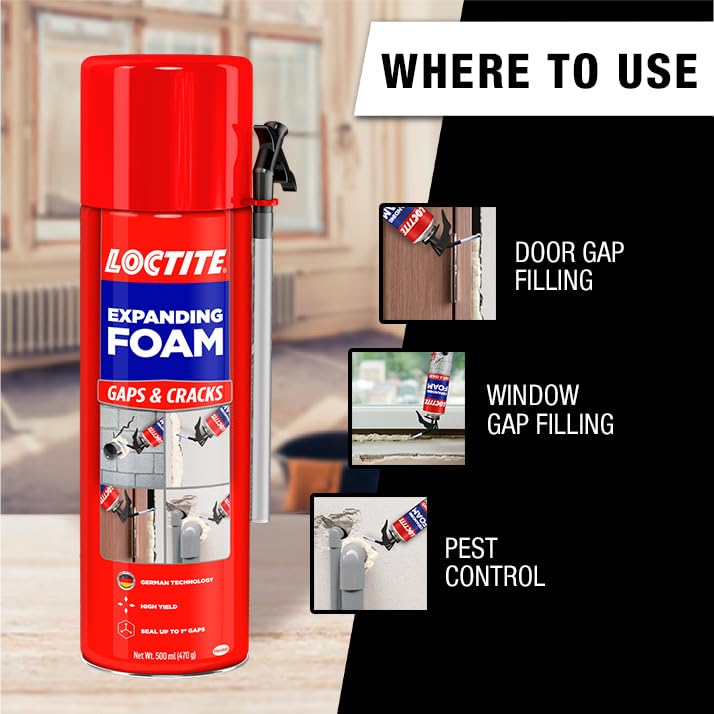 Loctite Expanding foam for Gaps & Cracks, seals upto 1 inch gaps, keeps pest & dust away, DIY easy application, high yield, Ideal for doors, PVC pipes, AC ducts, 500ml product image 3