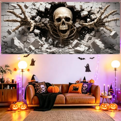 Image of Halloween Garage Door Banner Cover, 3D Skeleton Decor, 7x16 Ft