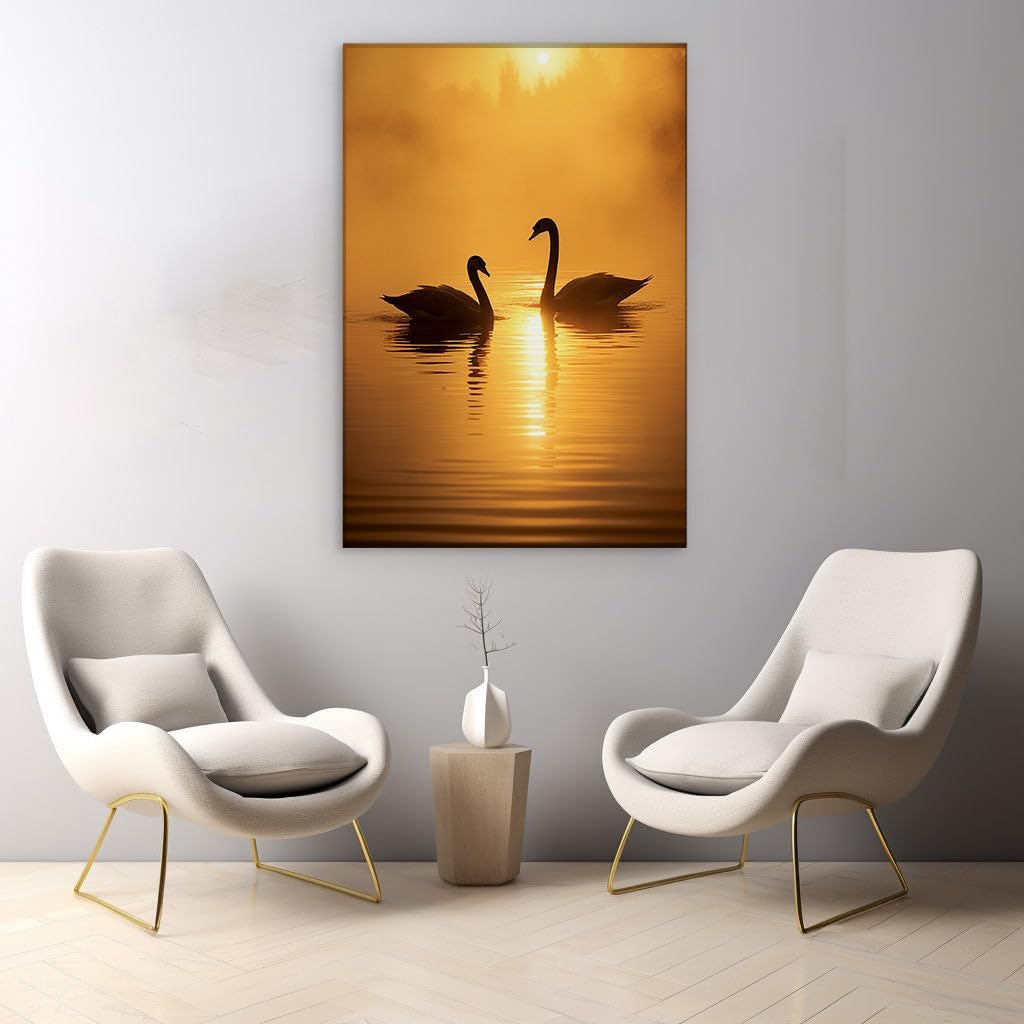 Canvas for Living room. Swans at Sundown: A Serene Symphony in Golden Hues, 27 x 18 inch Canvas Wall Art - Contemporary Masterpieces - Modern Home Decor