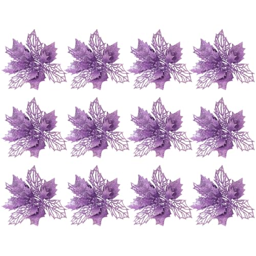 DEARMAMY 12 Stück Künstlicher Weihnachtsstern Mit Glitzer Lila Hohle...