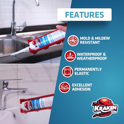 Image of Kraken Bond Brown Silicone Sealant Waterproof% 100-10 fl oz Cartridge - RTV Silicone Caulk Kitchen and Bathroom, All Purpose, Window Caulking Sealant Outdoor Exterior Use Silicon, Gun Incl - 12 Pack