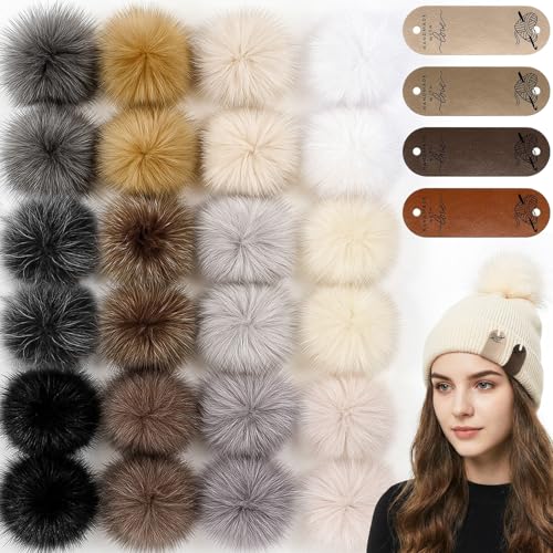 Suncalla 24 Set Mink Fur Color Faux Fur Pom Pom Balls with Elastic Loop Faux Leather Tags Personalized Leather Label for Hat Beanie Shoes Scarf Gloves Bag Accessory Clothes Knitting Crochet Item DIY