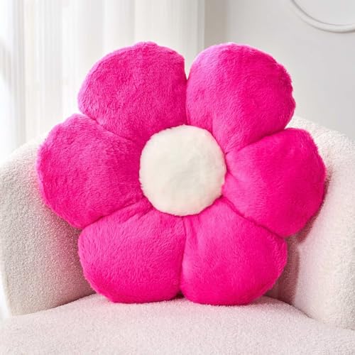 Image of Kcvvcr Hot Pink Flower Pillow, Cute Decorative Flower Shaped Throw Pillow with Faux Rabbit Fur, 14.9 inch Soft Flower Plush Throw Pillow Floor Pillows Room Decor for Bedroom Living Room