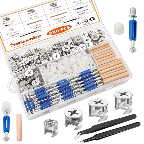 Image of 380PCS Cam Locks for Furniture,Include 300 Multi-Size Cam Bolt & Nuts Set and 80 Wood Dowel Pins,3-in-1 Eccentric Wheels Furniture Cam Lock Fasteners for Cabinet,Wardrobe and Drawer