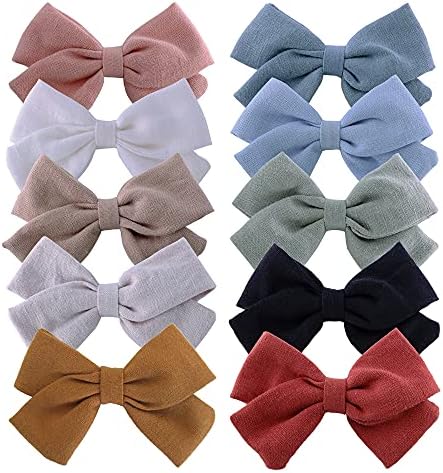 Baby Girls Linen Bow Hair Clips Toddler Infant Fully Lined Clips Little Girls Hair Bow Barrettes White Blue Khaki Accessories Pack of 10