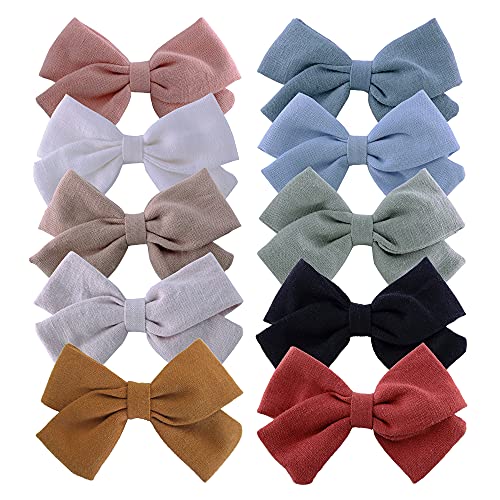 Baby Girls Linen Bow Hair Clips Toddler Infant Fully Lined Clips Little Girls Hair Bow Barrettes White Blue Khaki Accessories Pack Of 10 #TOP8