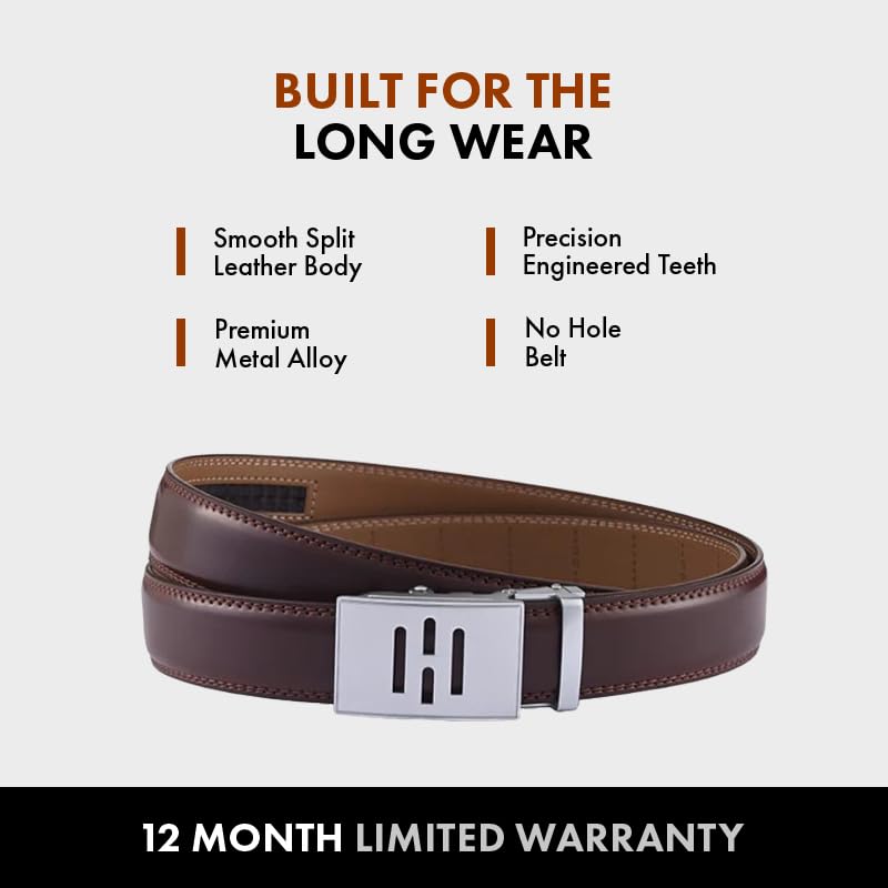 Image of HALDEN BURLEY Men's Brown Ratchet Belt | Auto-Lock Leather Formal Belt with Magnetic Buckle | Adjustable Free Size Fits Up to 44 Inch Waist