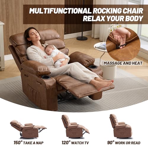 Image of PU Leather Extra Wide Manual Recliner Chair for Adults with Massage & Heat, Oversized Lazy Recliner with 1.5X Thick Sponge Comfort for Living Room Bedroom,Brown