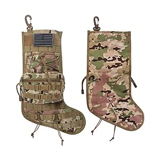 Tactical Christmas Stocking, with Flag Patch MOLLE Webbing, Zip Pocket, MOLLE Clips, Gift for Veterans Military Patriotic and Outdoorsy People, Khaki Camouflage Tactical Christmas Stocking with Flag Patch MOLLE Webbing Zip Pocket MOLLE Clips Gift for Veterans Military Patriotic and Outdoorsy People Khaki Camouflage